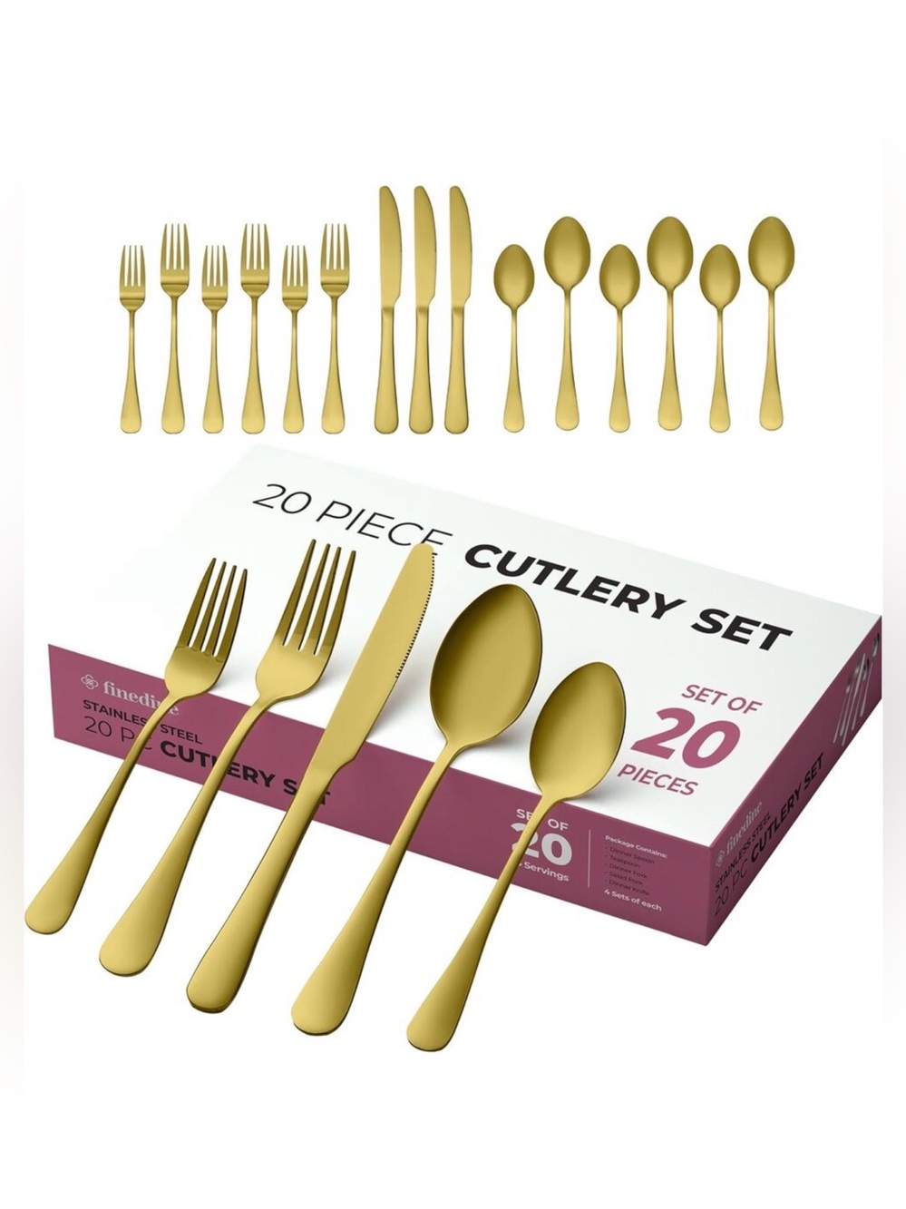 20-Piece Gold Stainless Steel Cutlery Set by Finedine